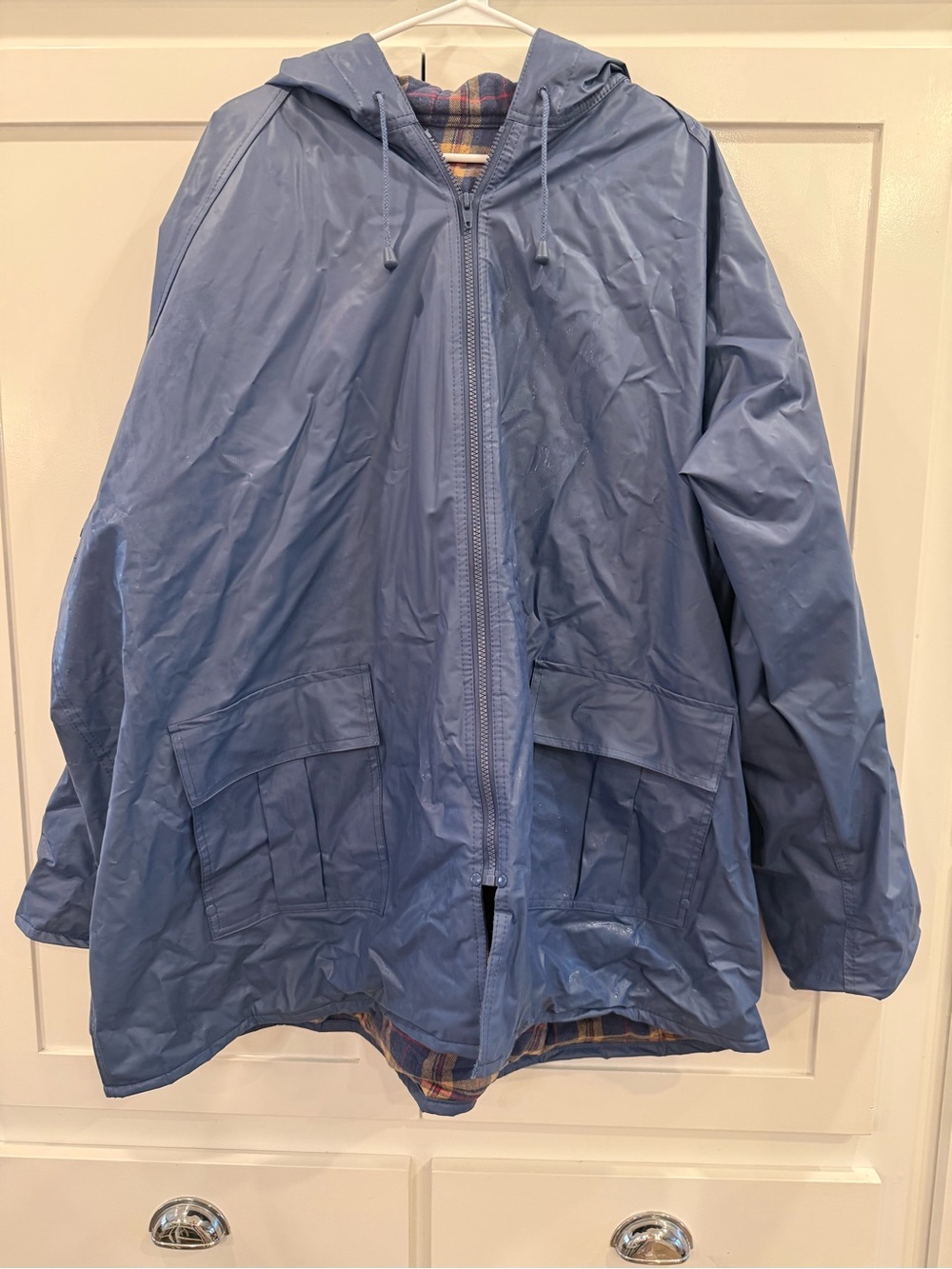 Women’s 3XL Blue Waterproof Hooded Rain Jacket Plaid Flannel Lined Utility Coat